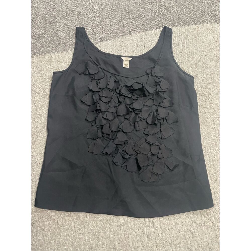 J. Crew Womens 4 Sleeveless Ruffled Applique Scoop Neck Top Silk Blouse Black